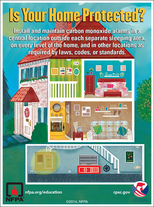 Is Your House is Protected? Install and maintain carbon monoxide alarms in a central location outside each separate sleeping area, on every level of the home, and in other locations as required by laws, codes, or standards.